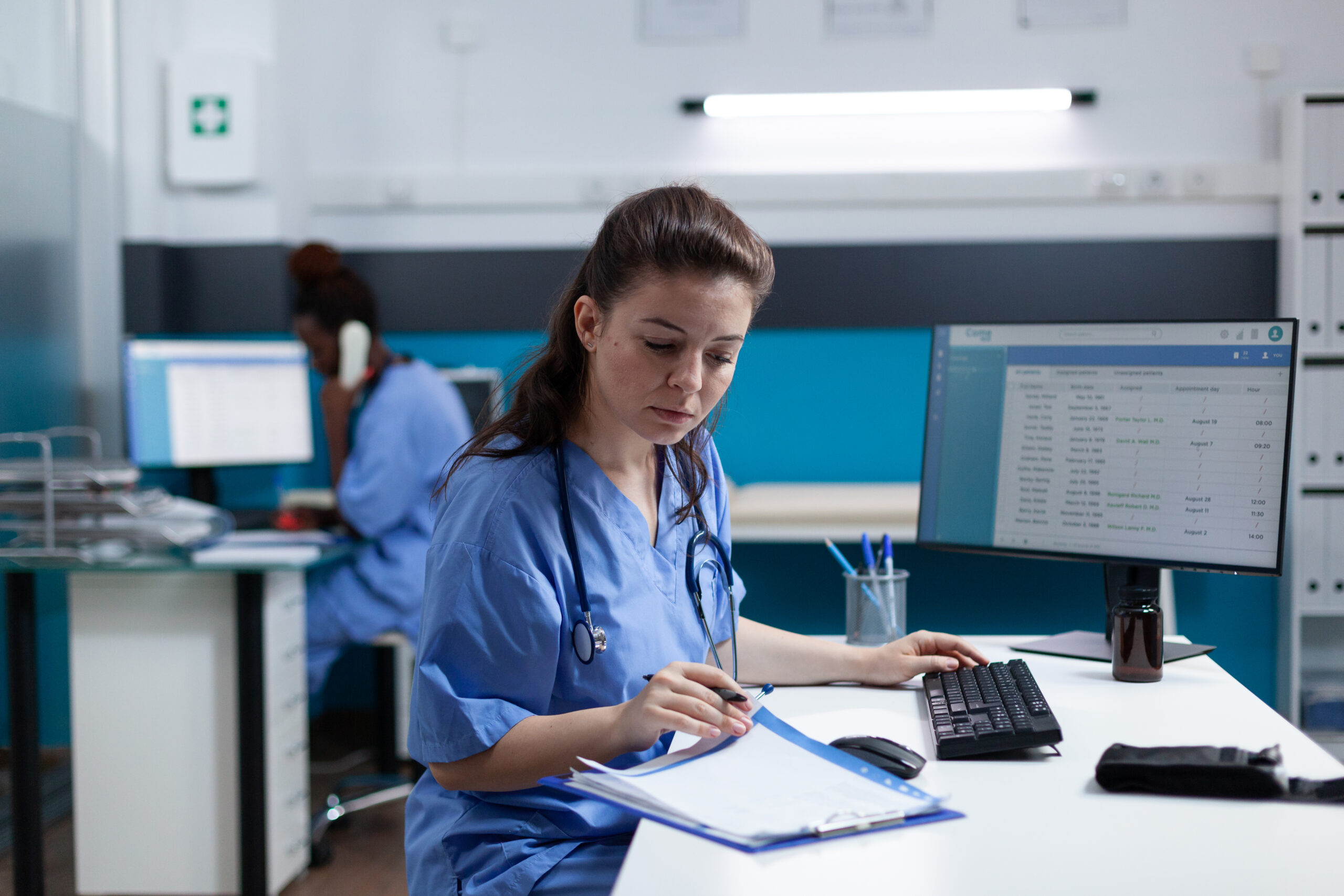 pharmacist nurse with stethoscope analyzing healthcare treatment